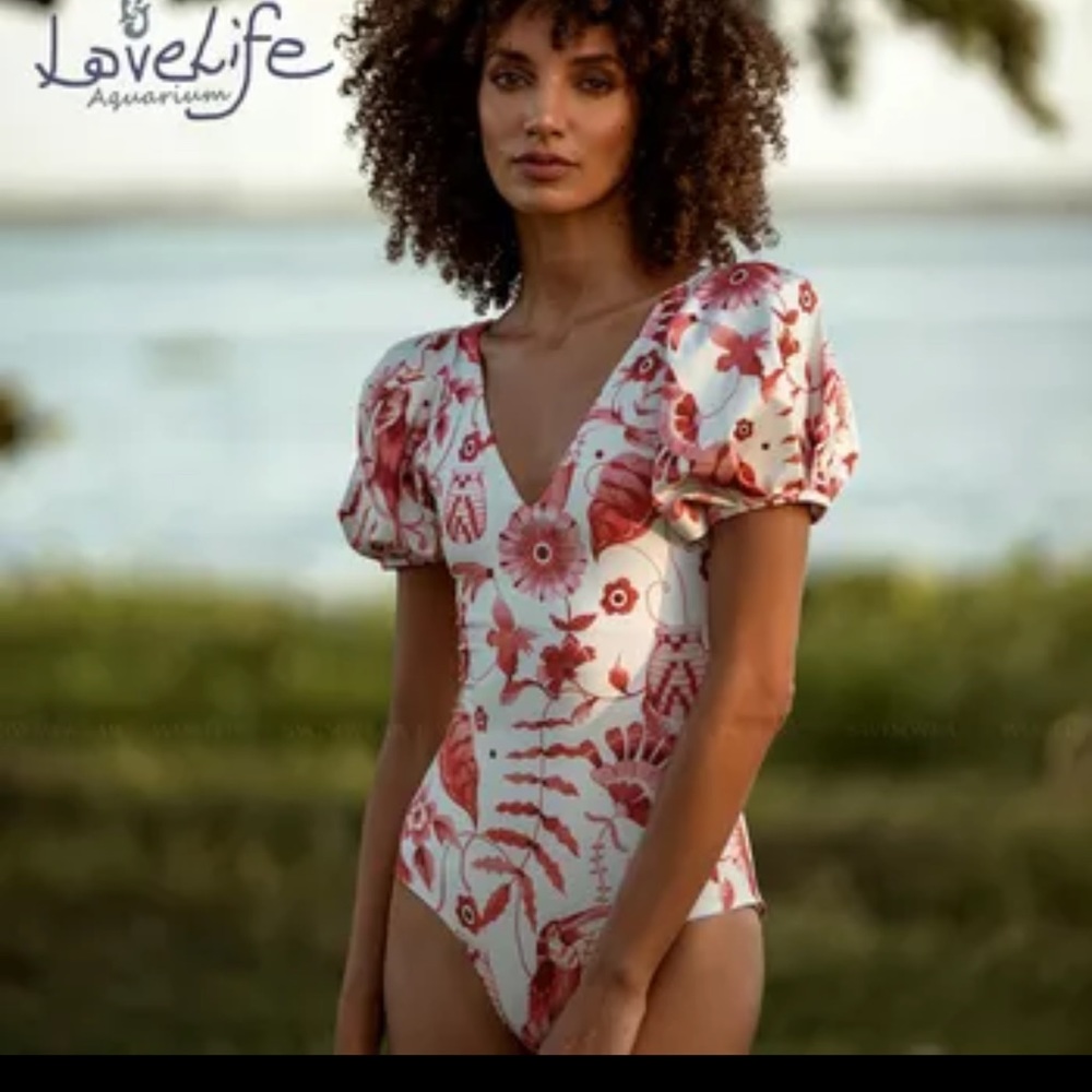 V Neck Puff Sleeves Printed One Piece Swimsuit